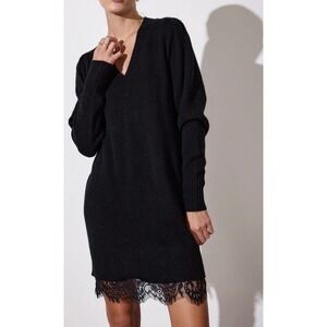 Brochu Walker Black Wool Cashmere Lace Trim V-Neck Sweater Dress  XS MSRP:$486